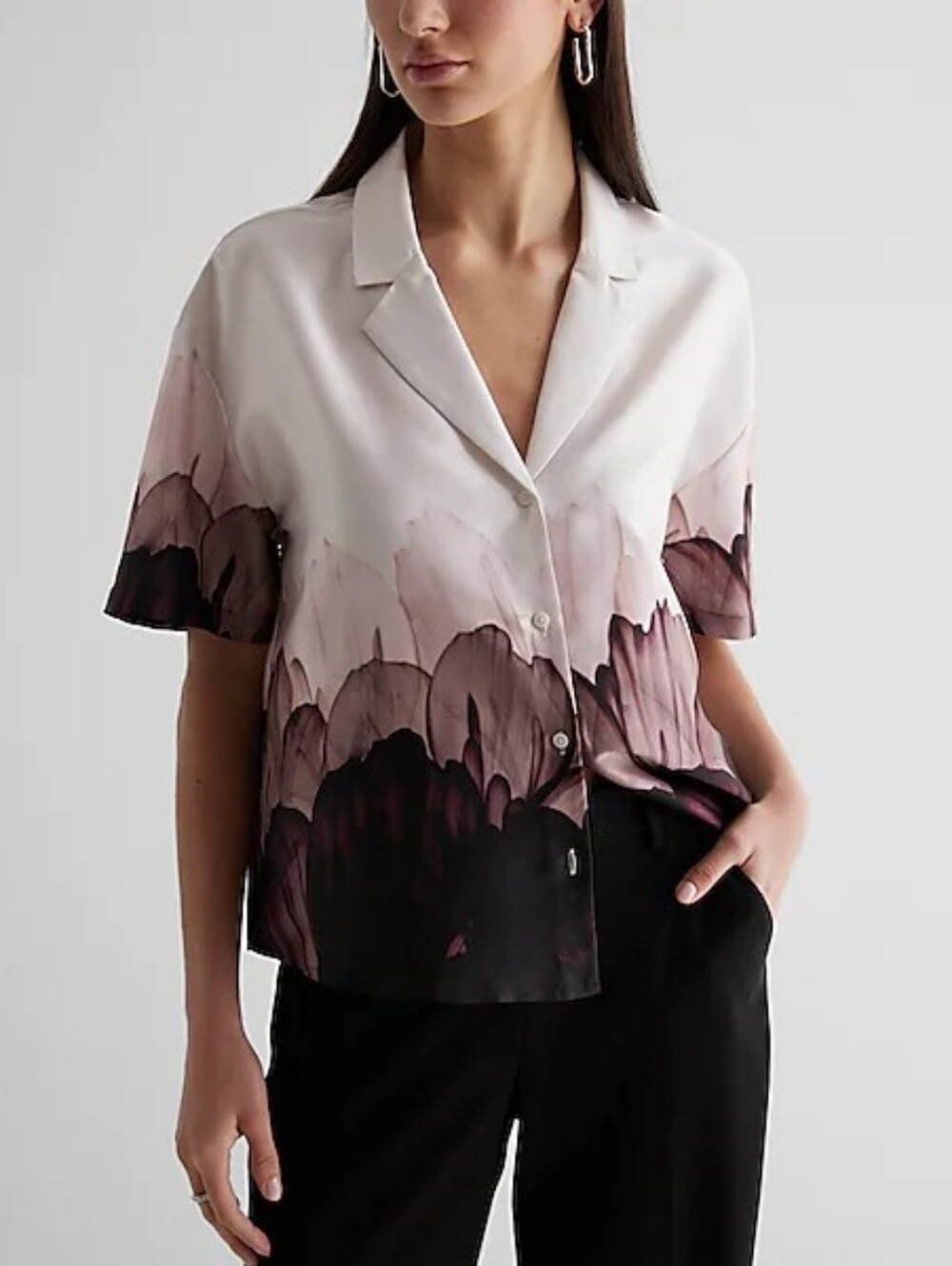 Express Short-Sleeve Ombre Floral Printed Boxy Silk-Blend Button-Up Top